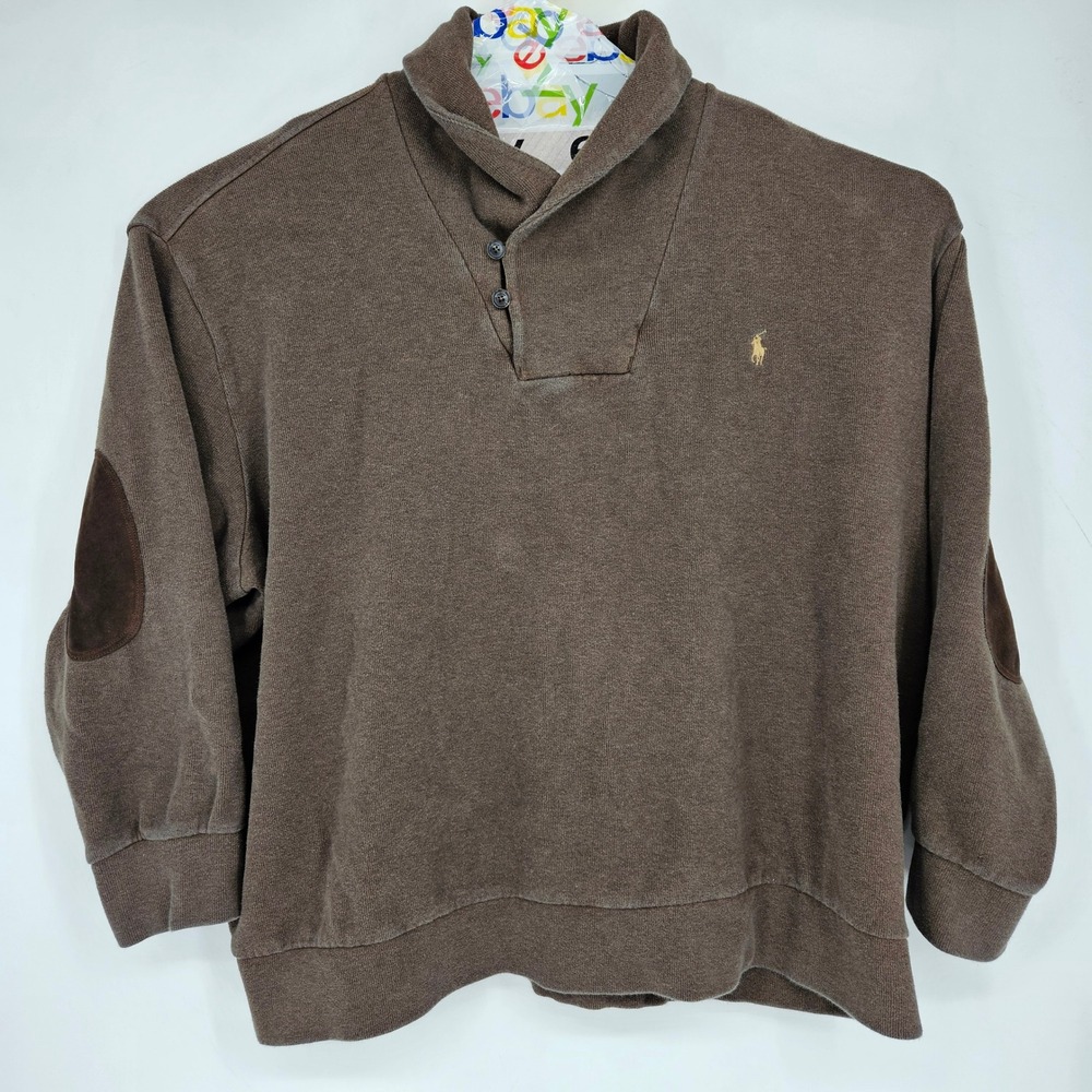 Polo Ralph Lauren Sweater Mens 4XB Shawl Collar Brown Elbow Patches Casual